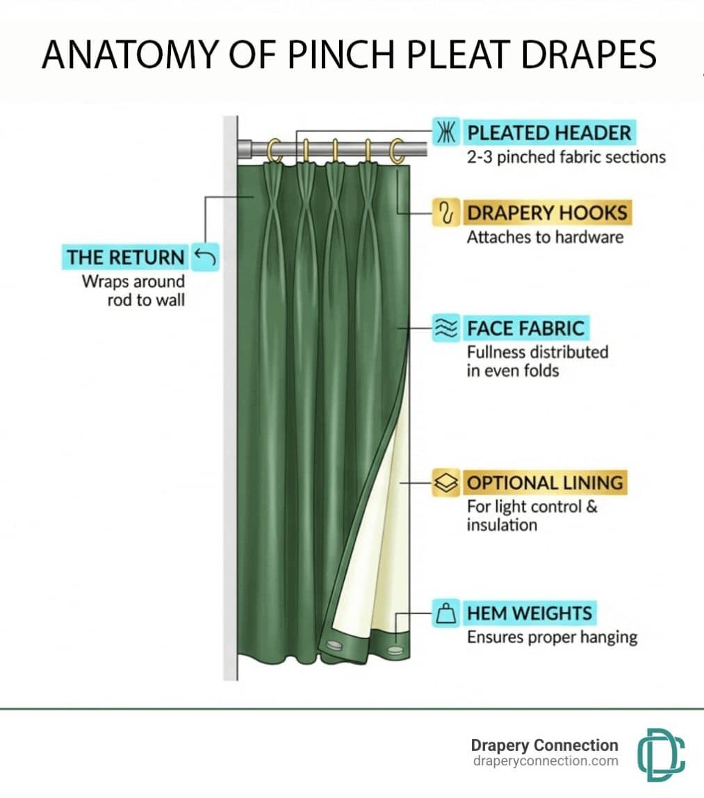 Infographic showing the anatomy of a pinch pleat drape with labeled components: the pleated header at top showing 2-3 pinched fabric sections, drapery hooks that attach to hardware, the return that wraps around the rod to the wall, the face fabric with fullness distributed in even folds, optional lining layer for light control and insulation, and hem weights at the bottom for proper hanging - Pinch pleat drapes infographic Infographic showing the anatomy of a pinch pleat drape with labeled components: the pleated header at top showing 2-3 pinched fabric sections, drapery hooks that attach to hardware, the return that wraps around the rod to the wall, the face fabric with fullness distributed in even folds, optional lining layer for light control and insulation, and hem weights at the bottom for proper hanging - Pinch pleat drapes infographic