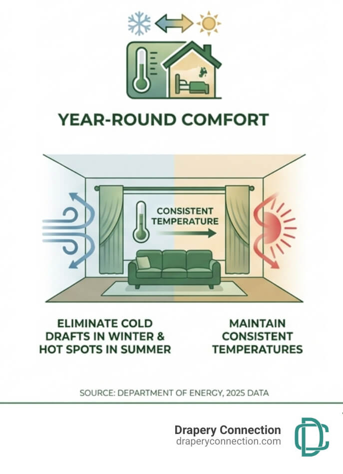 Infographic showing the top 3 benefits of energy-efficient window treatments: 1) Cost Savings - reduce heating energy loss by 30% and cooling costs by 15-25%, 2) Year-Round Comfort - eliminate cold drafts in winter and hot spots in summer, maintain consistent temperatures, 3) UV Protection - block up to 99% of harmful UV rays that fade furniture, floors, and artwork - energy efficient window treatments infographic 