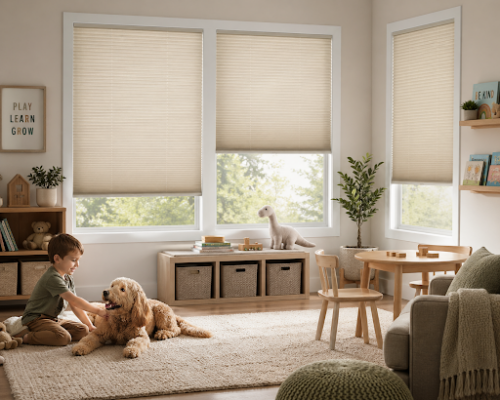 Photo of a house with blinds